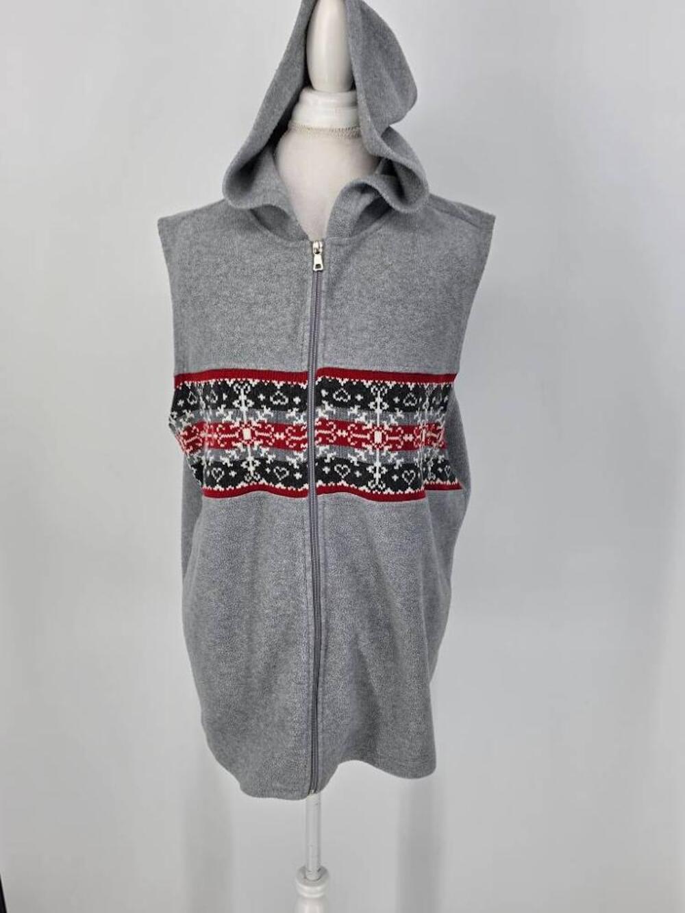 Vintage Fashion Bug Womens 2XL Fleece Vest Hooded Fair Isle Grey Full Zip 22 24
